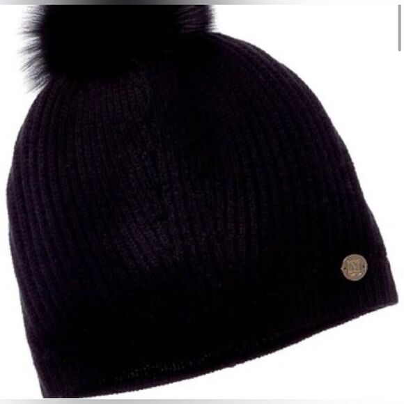 BRUNO MAGLI NWT 100% CASHMERE KNIT BEANIE WITH SHEARLING POM-POM BLACK - Picture 2 of 7